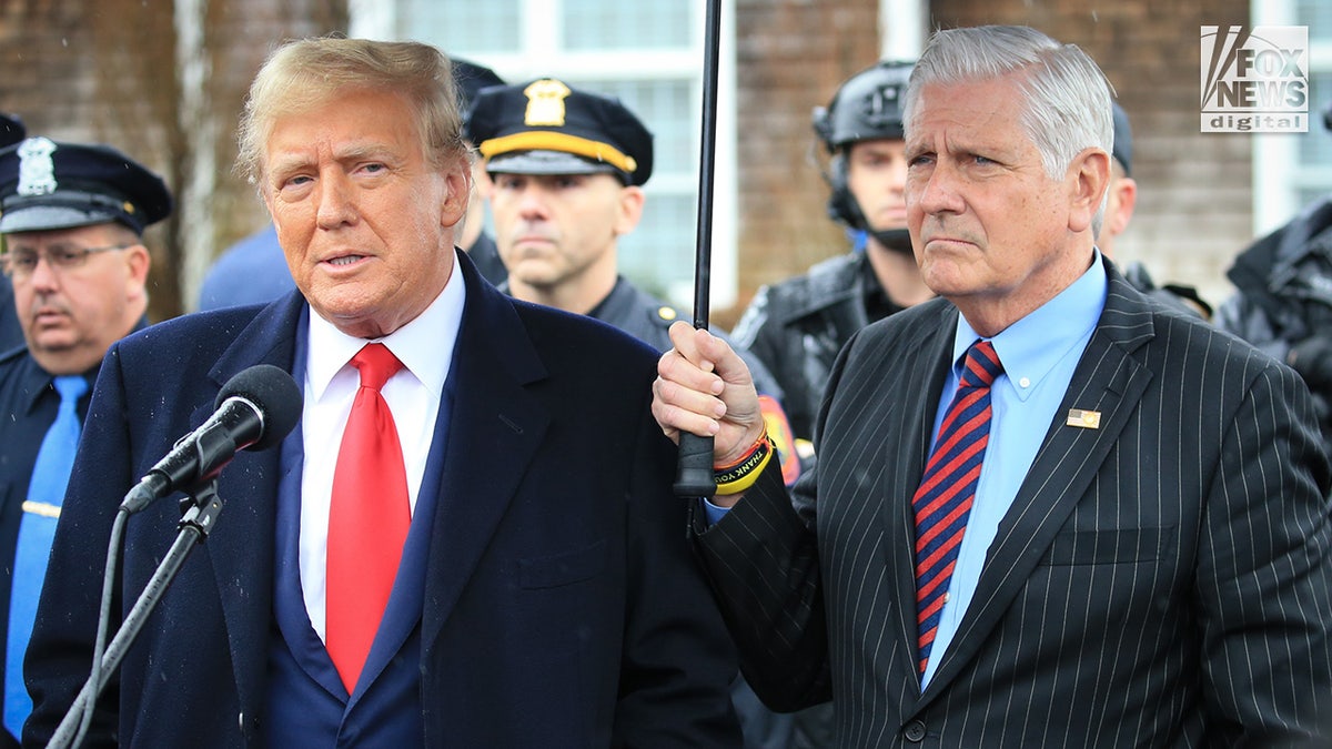 Former President Donald Trump speaks while attending the wake of NYPD officer Jonathan Diller