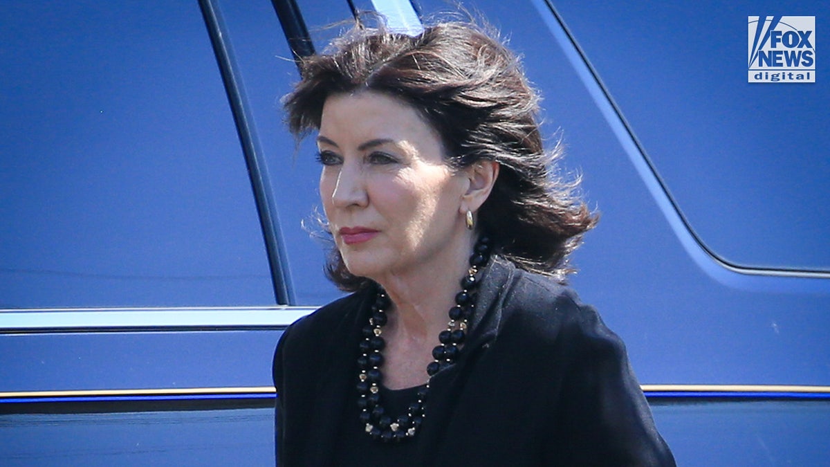 New York Governor Kathy Hochul arrives at the wake for slain NYPD officer Jonathan Diller at the Massapequa Funeral Home